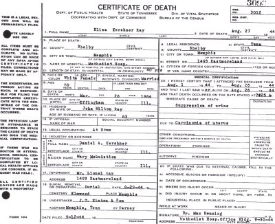 Eliza Adaline Kershner Ray Death Certificate