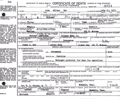 John Milton Ray Death Certificate